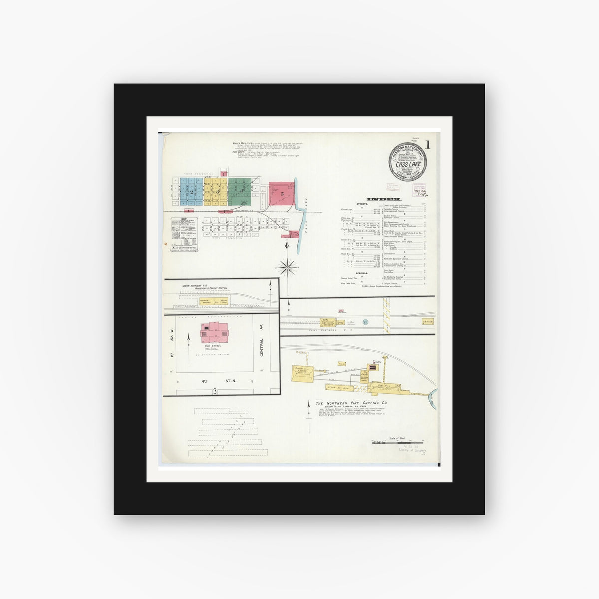 Old map wall art mockup — black gallery frame with white mat — Sanborn Fire Insurance Map from Cass Lake, Cass County, Minnesota (1908), Sheet #0001