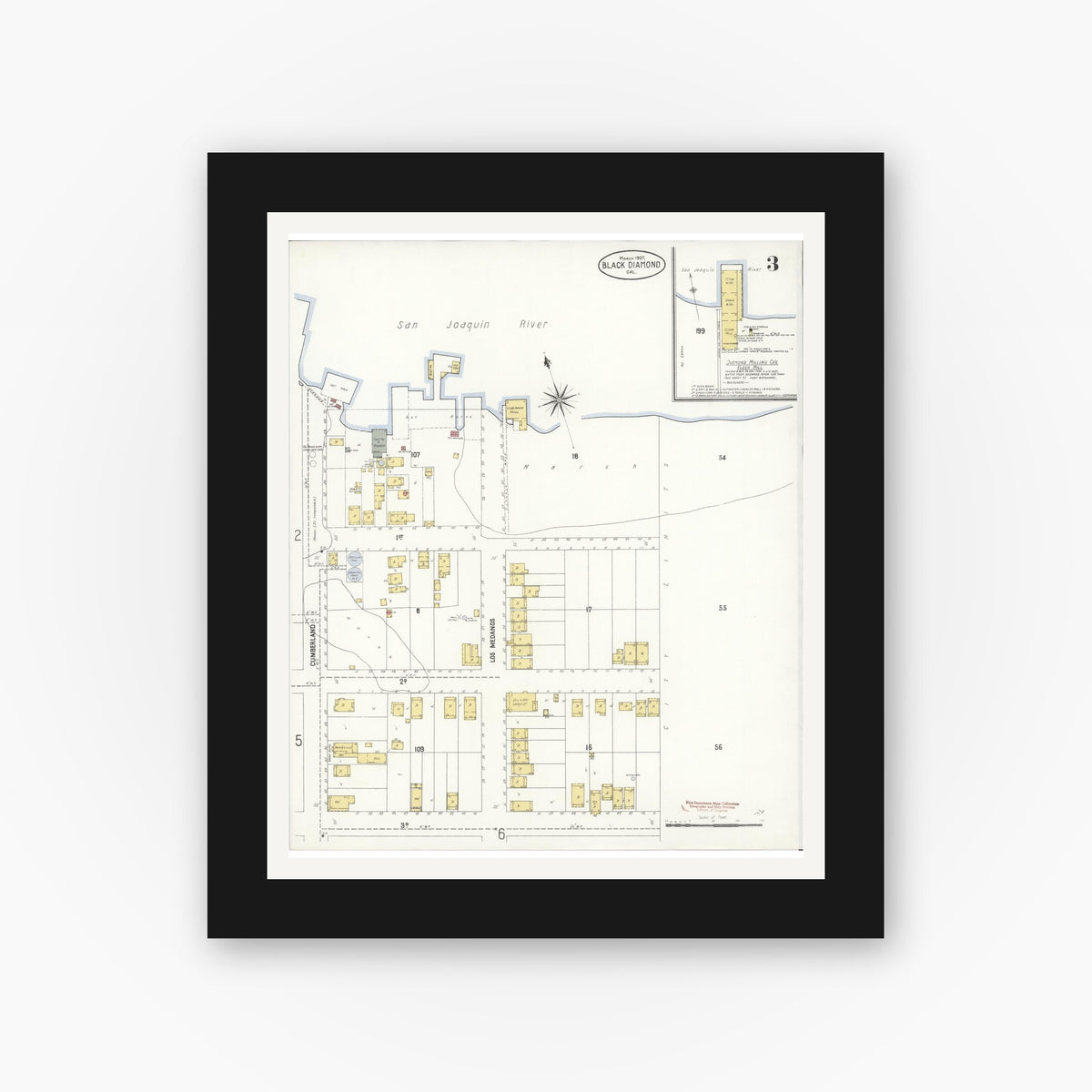 Old map wall art mockup — black gallery frame with white mat — Sanborn Fire Insurance Map from Black Diamond, Contra Costa, California (1907), Sheet #0003
