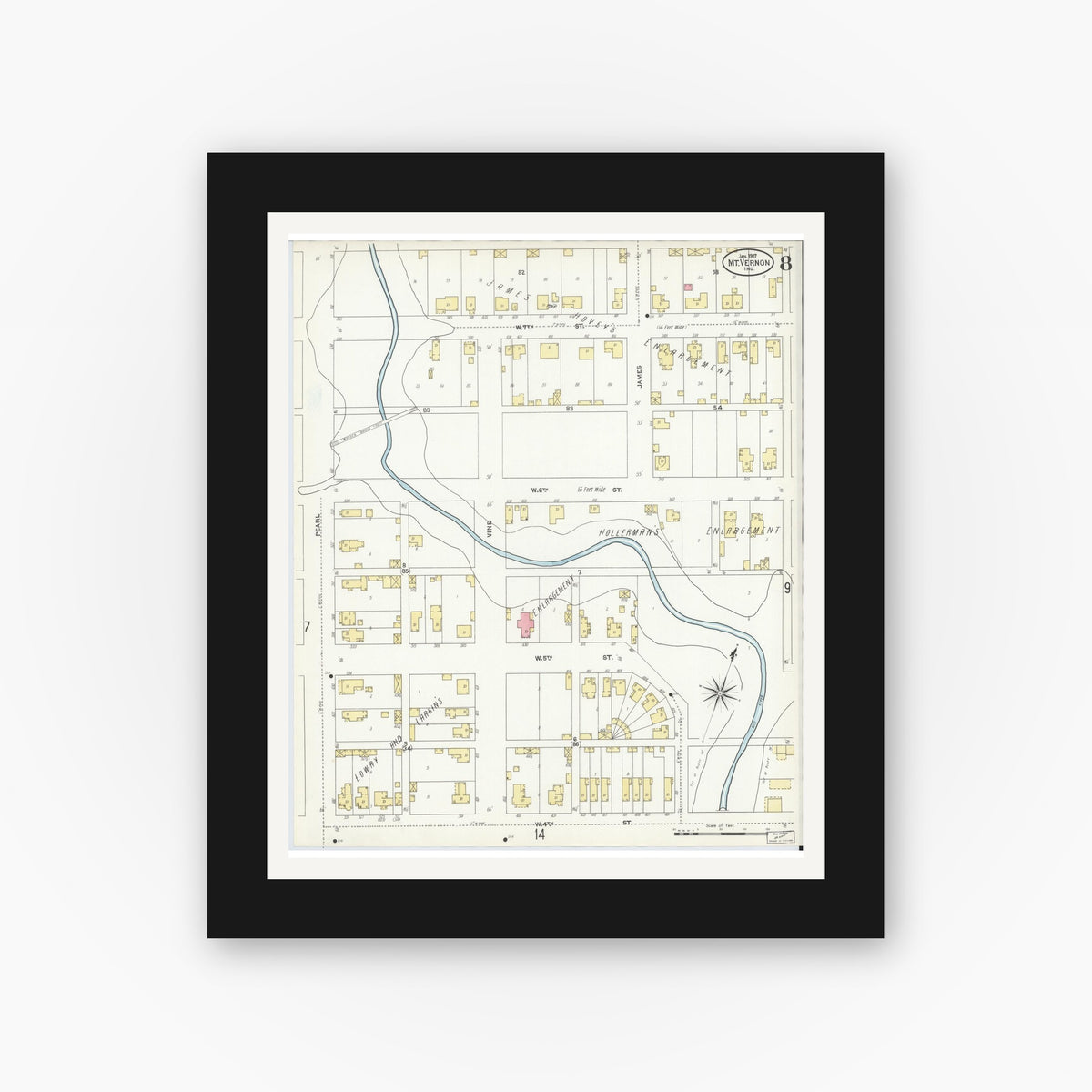 Old map wall art mockup — black gallery frame with white mat — Sanborn Fire Insurance Map from Mount Vernon, Posey County, Indiana (1907), Sheet #0008