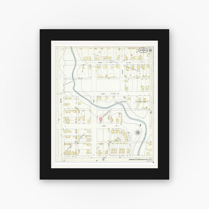 Old map wall art mockup — black gallery frame with white mat — Sanborn Fire Insurance Map from Mount Vernon, Posey County, Indiana (1907), Sheet #0008