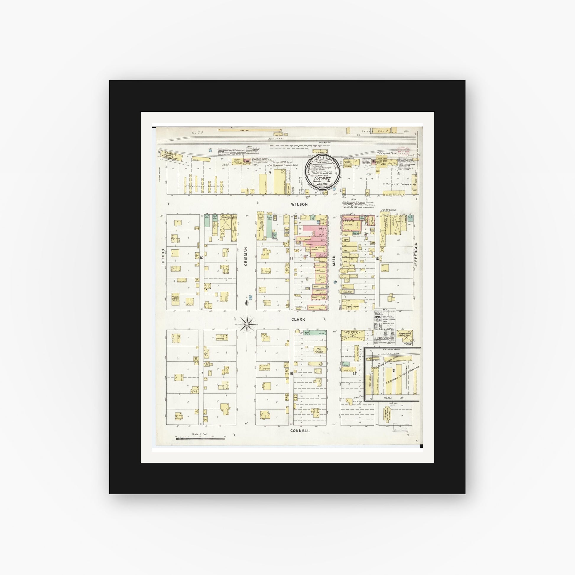 Old map wall art mockup — black gallery frame with white mat — Sanborn Fire Insurance Map from Dysart, Tama County, Iowa (1895), Sheet #0001