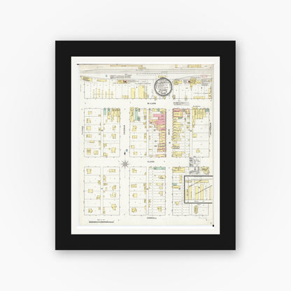 Old map wall art mockup — black gallery frame with white mat — Sanborn Fire Insurance Map from Dysart, Tama County, Iowa (1895), Sheet #0001