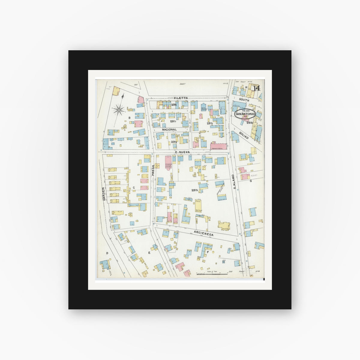 Old map wall art mockup — black gallery frame with white mat — Sanborn Fire Insurance Map from San Antonio, Bexar County, Texas (1892), Sheet #0014