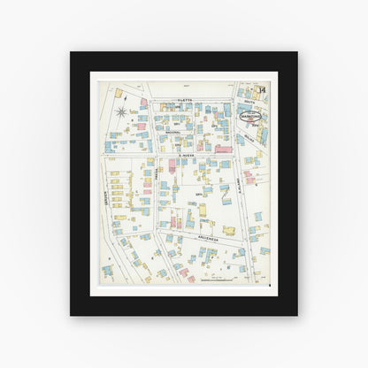Old map wall art mockup — black gallery frame with white mat — Sanborn Fire Insurance Map from San Antonio, Bexar County, Texas (1892), Sheet #0014