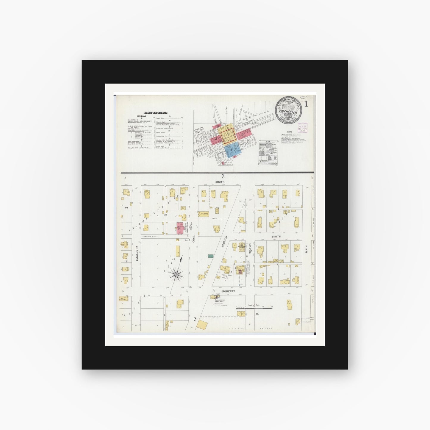 Old map wall art mockup — black gallery frame with white mat — Sanborn Fire Insurance Map from Colchester, Mcdonough County, Illinois (1906) - Complete Map Set