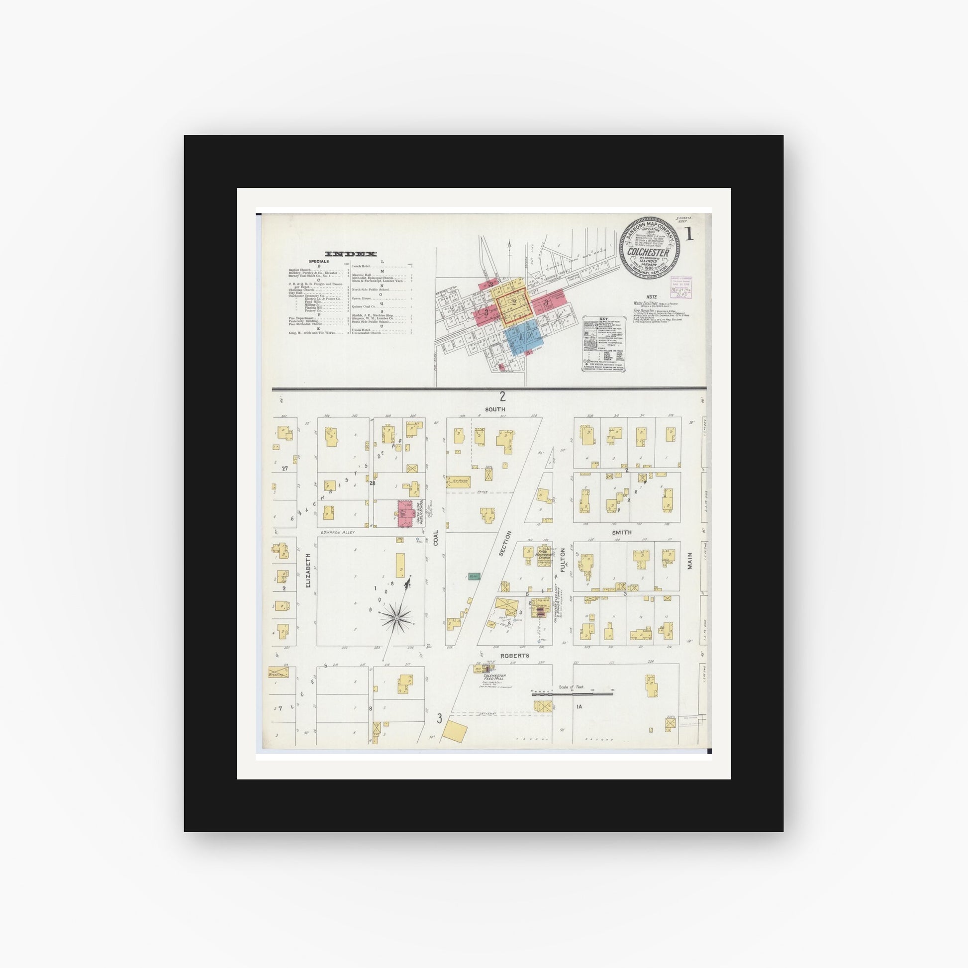 Old map wall art mockup — black gallery frame with white mat — Sanborn Fire Insurance Map from Colchester, Mcdonough County, Illinois (1906) - Complete Map Set