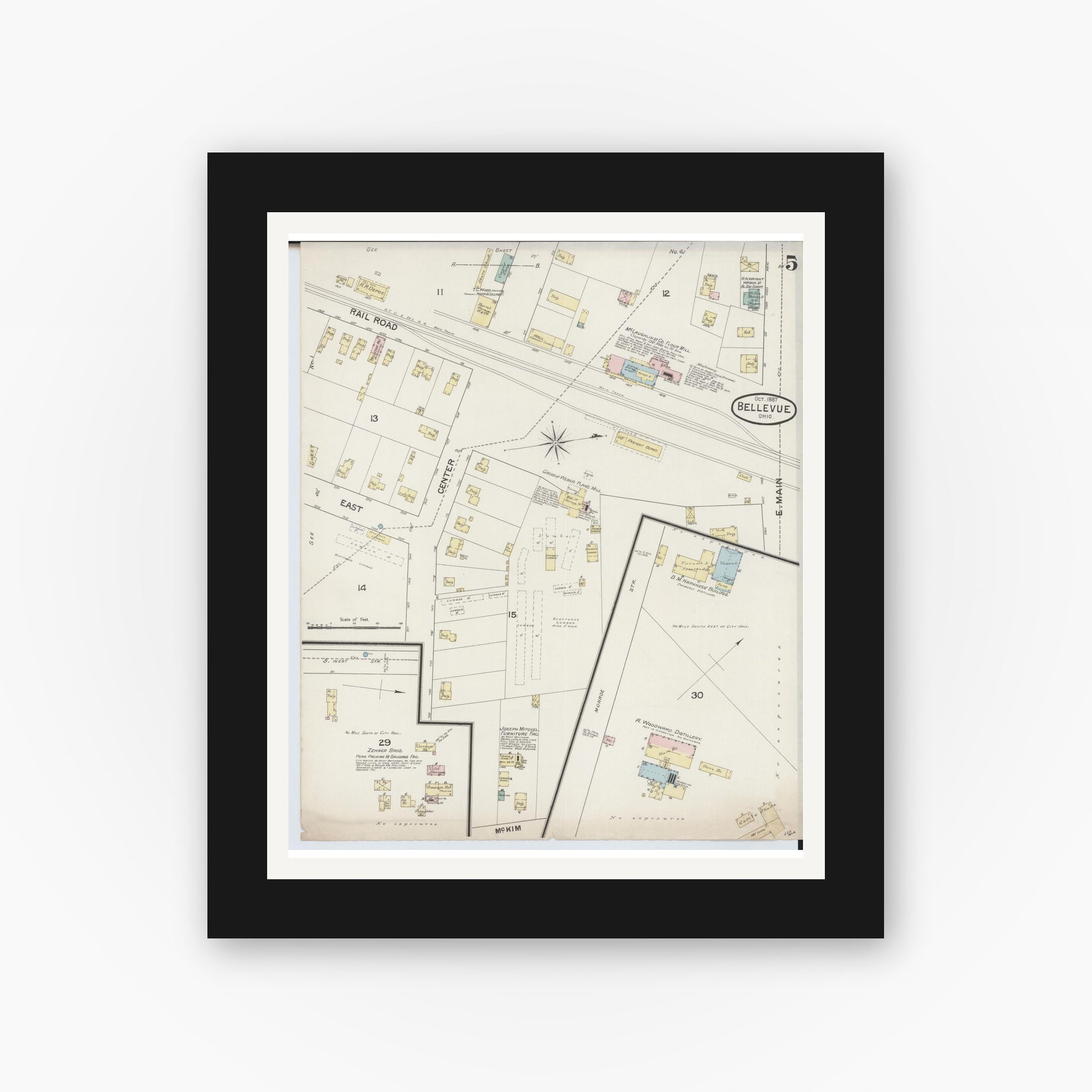 Old map wall art mockup — black gallery frame with white mat — Sanborn Fire Insurance Map from Bellevue, Huron And Sandusky County, Ohio (1887), Sheet #0005