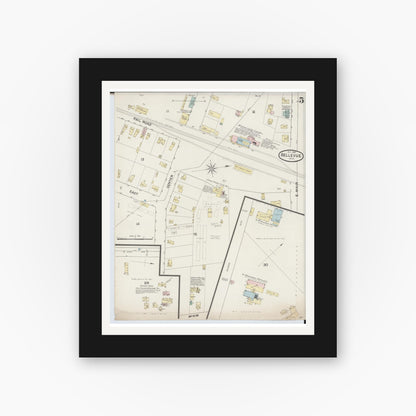 Old map wall art mockup — black gallery frame with white mat — Sanborn Fire Insurance Map from Bellevue, Huron And Sandusky County, Ohio (1887), Sheet #0005
