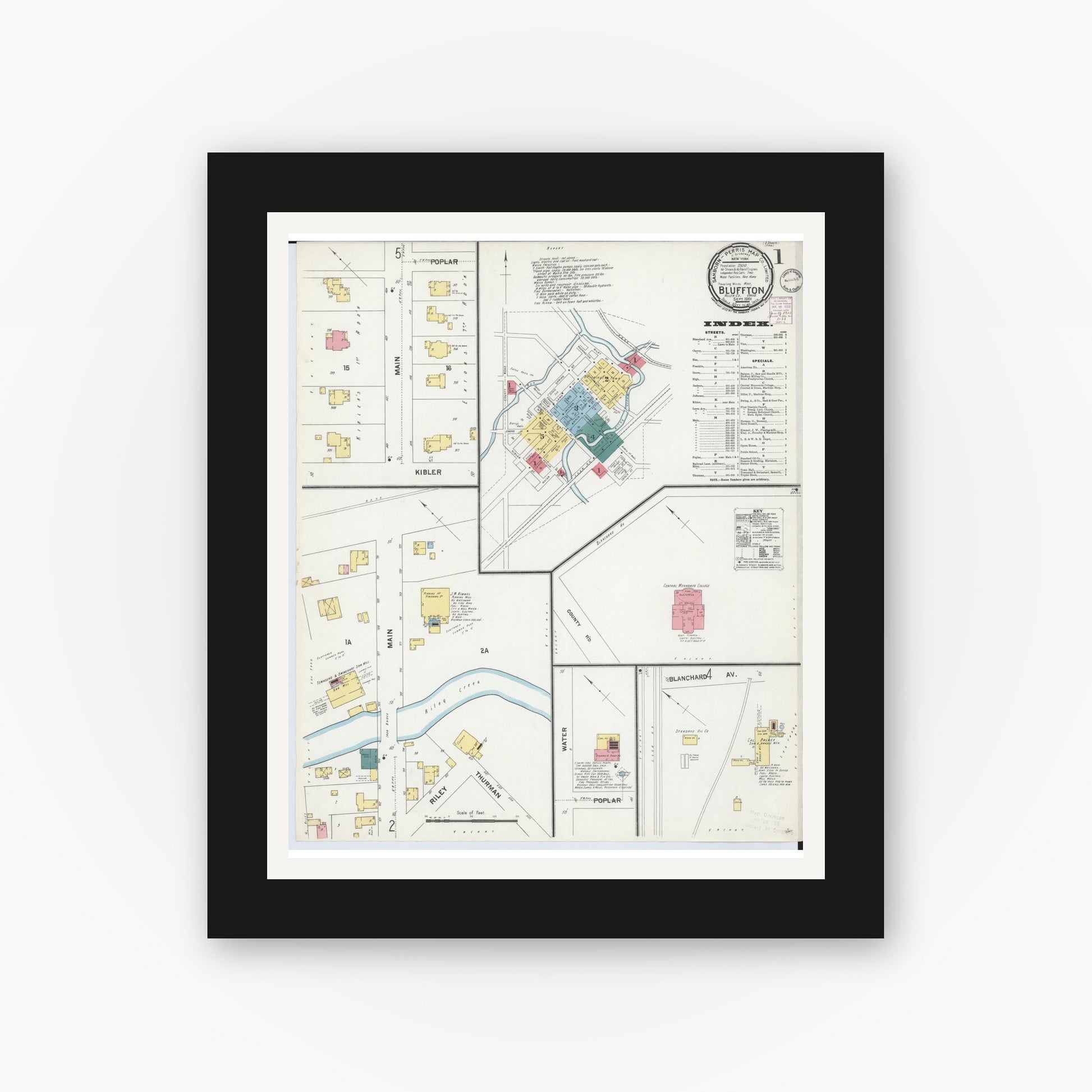 Old map wall art mockup — black gallery frame with white mat — Sanborn Fire Insurance Map from Bluffton, Allen County, Ohio (1901) - Complete Map Set