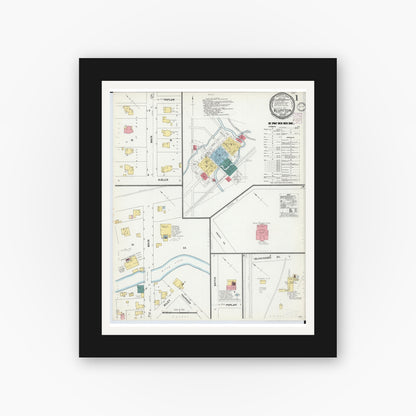 Old map wall art mockup — black gallery frame with white mat — Sanborn Fire Insurance Map from Bluffton, Allen County, Ohio (1901) - Complete Map Set