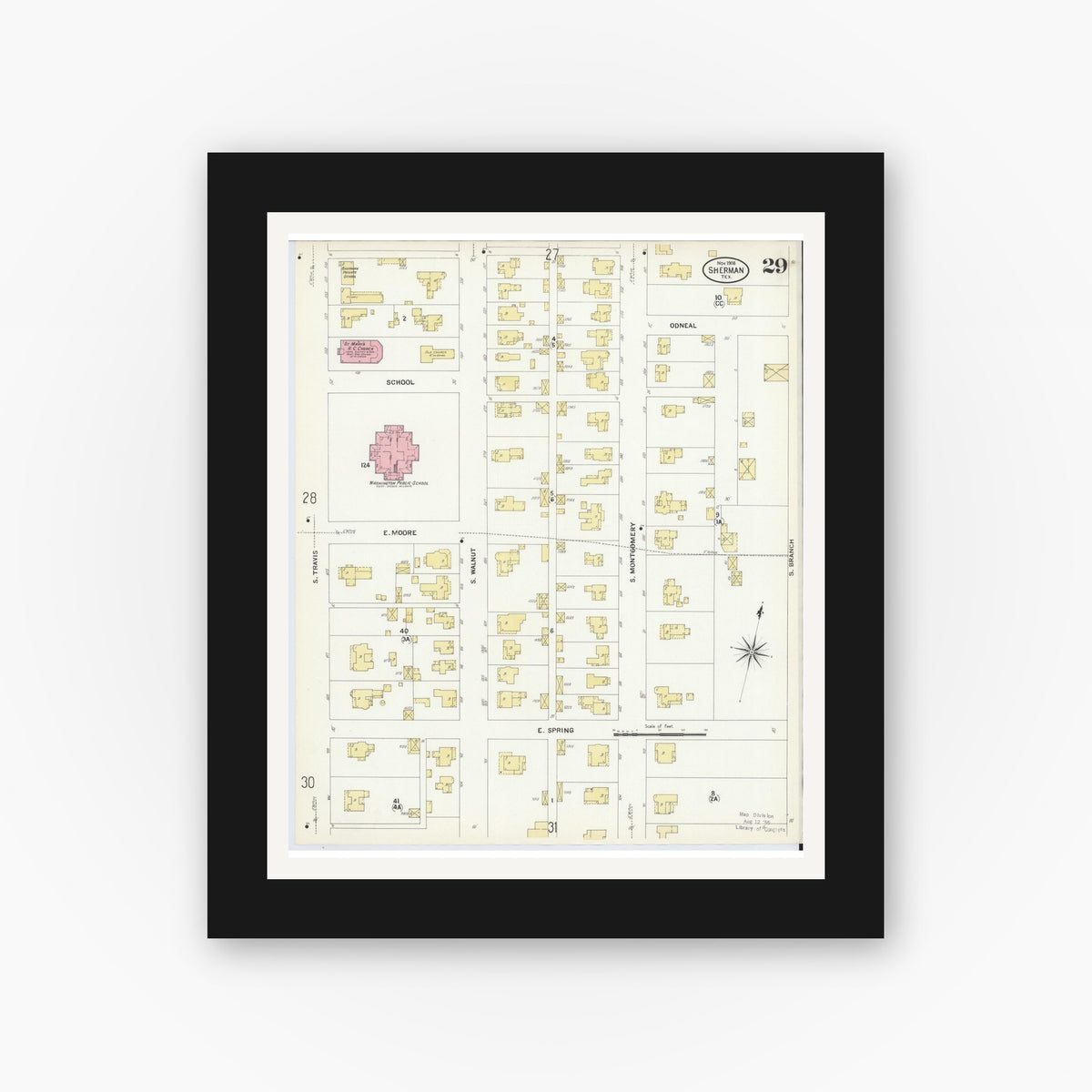 Old map wall art mockup — black gallery frame with white mat — Sanborn Fire Insurance Map from Sherman, Grayson County, Texas (1908), Sheet #0029