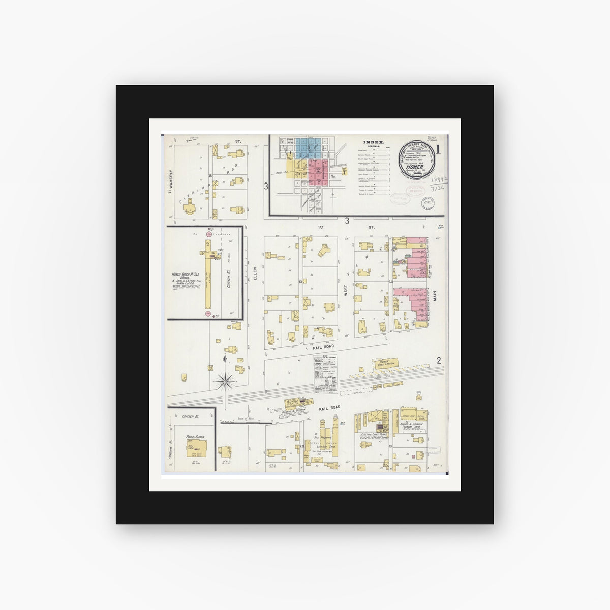 Old map wall art mockup — black gallery frame with white mat — Sanborn Fire Insurance Map from Homer, Champaign County, Illinois (1898), Sheet #0001