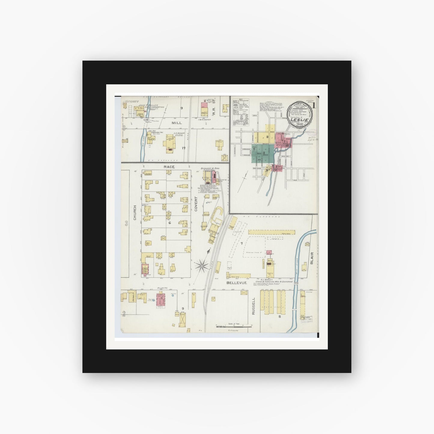 Old map wall art mockup — black gallery frame with white mat — Sanborn Fire Insurance Map from Leslie, Ingham County, Michigan (1893) - Complete Map Set