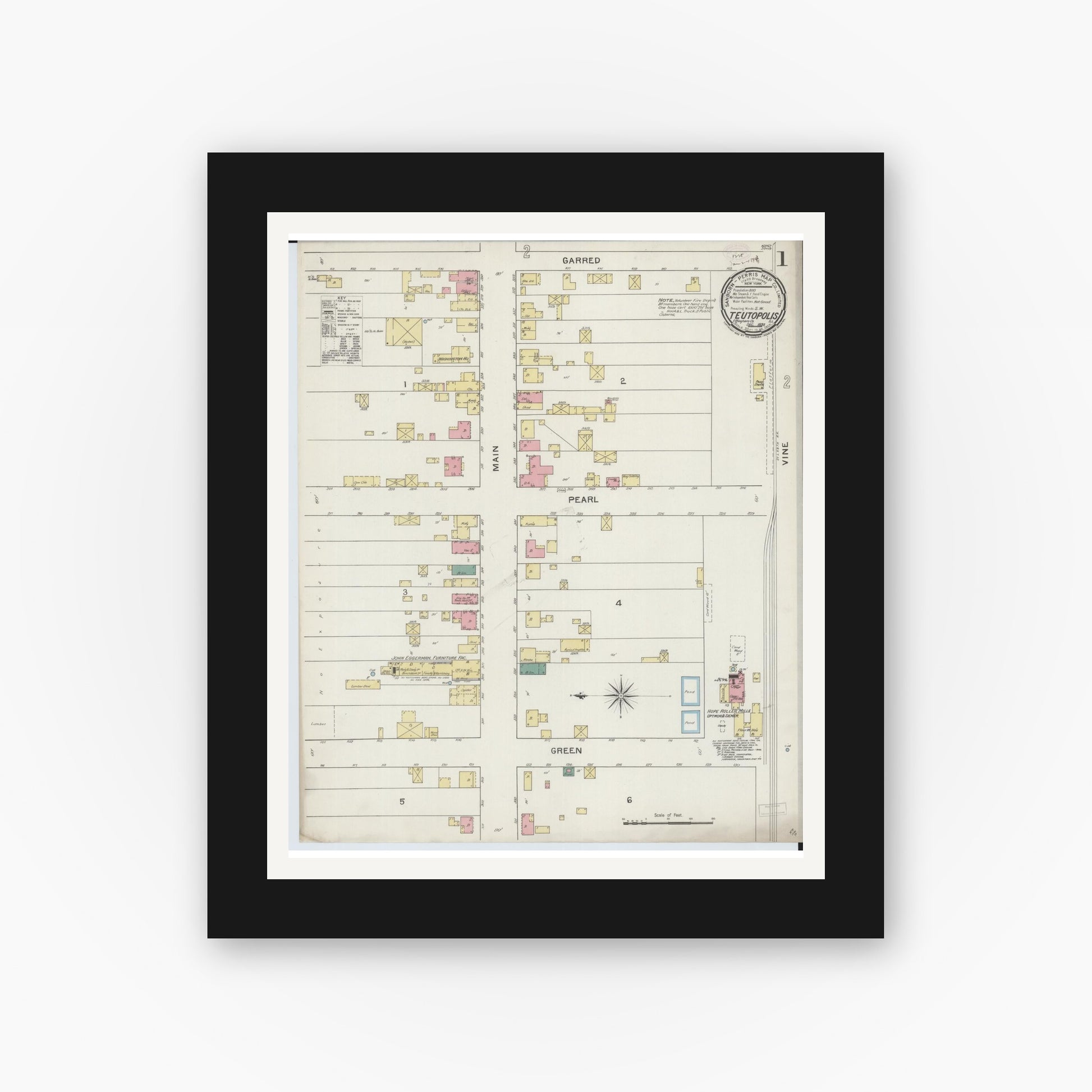 Old map wall art mockup — black gallery frame with white mat — Sanborn Fire Insurance Map from Teutopolis, Effingham County, Illinois (1893) - Complete Map Set