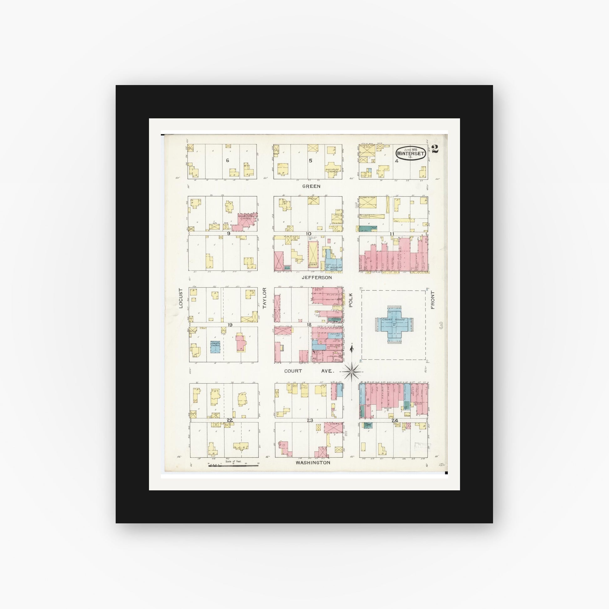 Old map wall art mockup — black gallery frame with white mat — Sanborn Fire Insurance Map from Winterset, Madison County, Iowa (1893), Sheet #0002