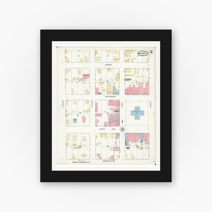 Old map wall art mockup — black gallery frame with white mat — Sanborn Fire Insurance Map from Winterset, Madison County, Iowa (1893), Sheet #0002