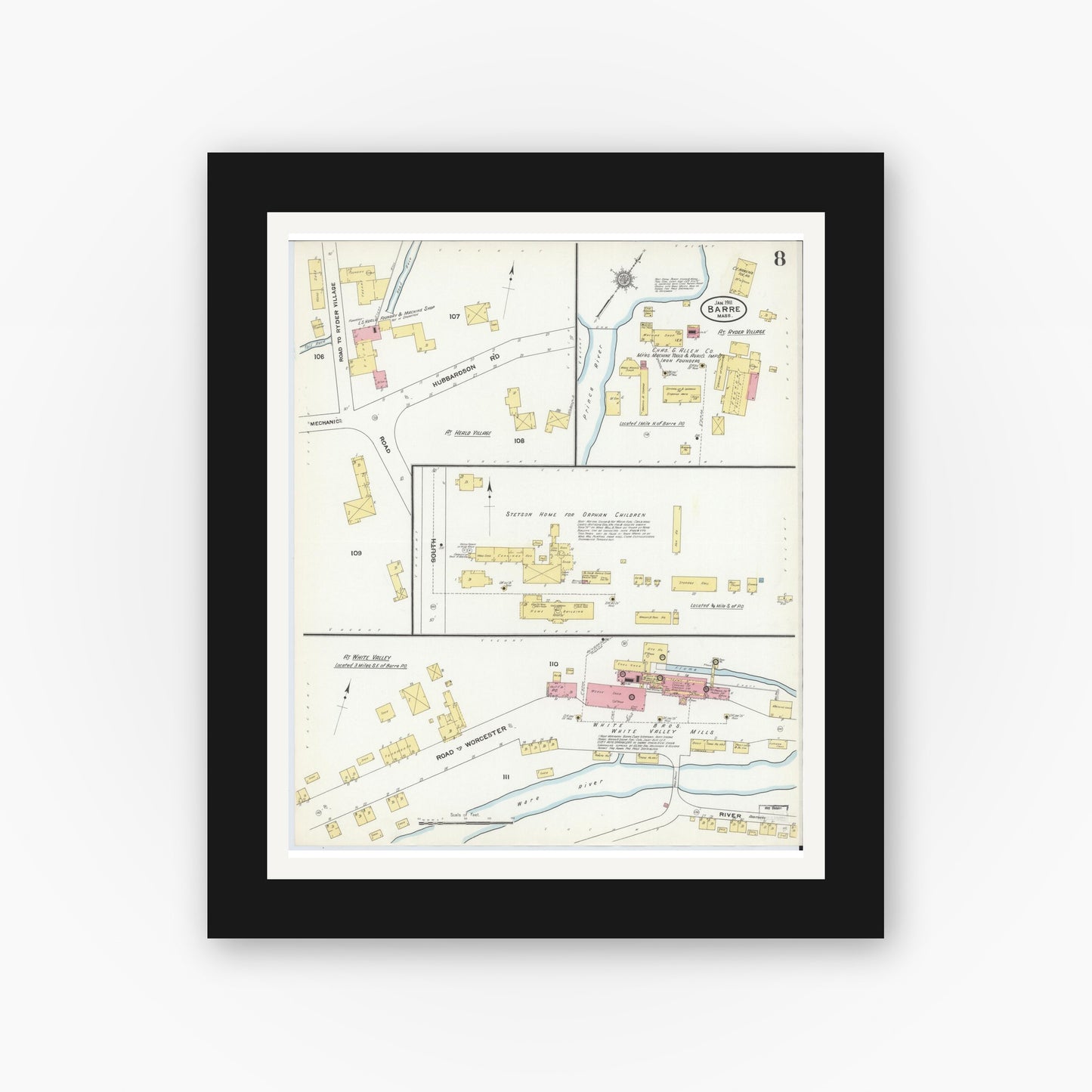 Old map wall art mockup — black gallery frame with white mat — Sanborn Fire Insurance Map from Barre, Worcester County, Massachusetts (1911), Sheet #0008