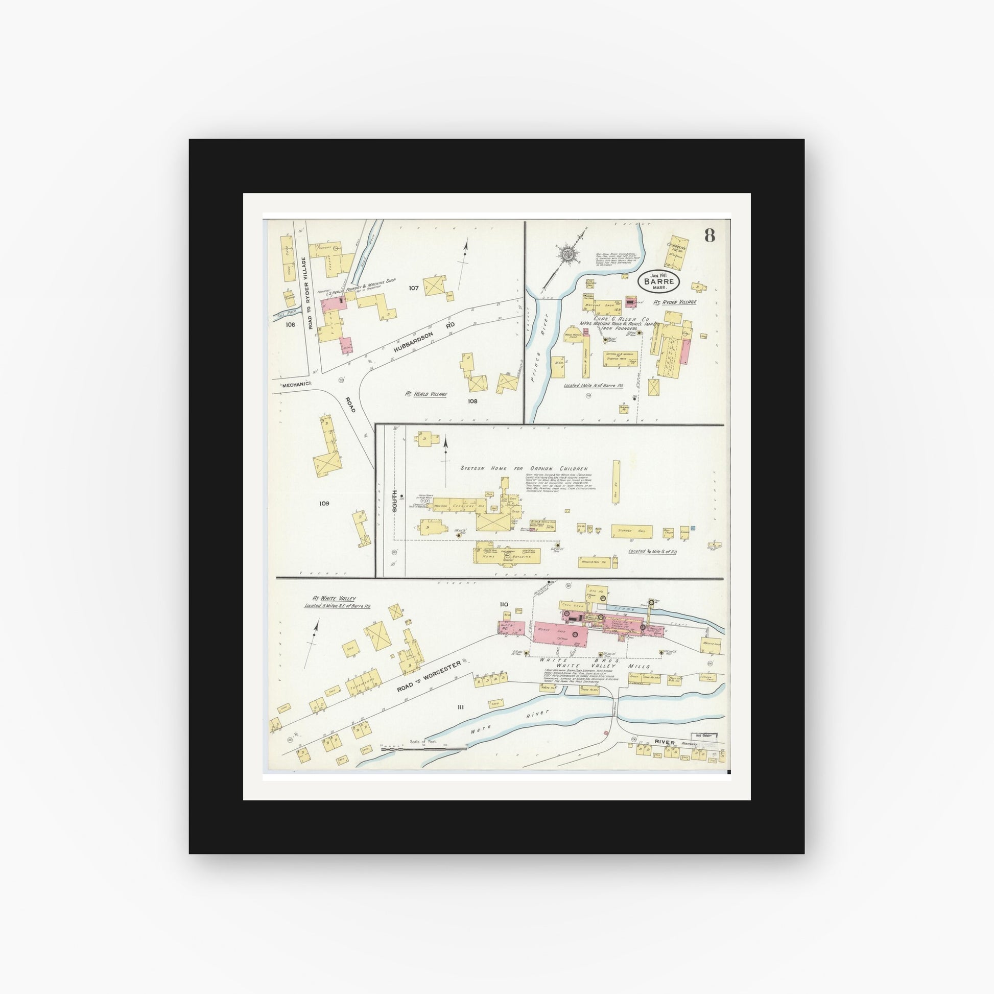Old map wall art mockup — black gallery frame with white mat — Sanborn Fire Insurance Map from Barre, Worcester County, Massachusetts (1911), Sheet #0008