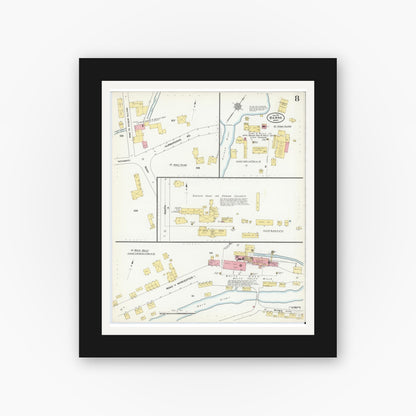 Old map wall art mockup — black gallery frame with white mat — Sanborn Fire Insurance Map from Barre, Worcester County, Massachusetts (1911), Sheet #0008