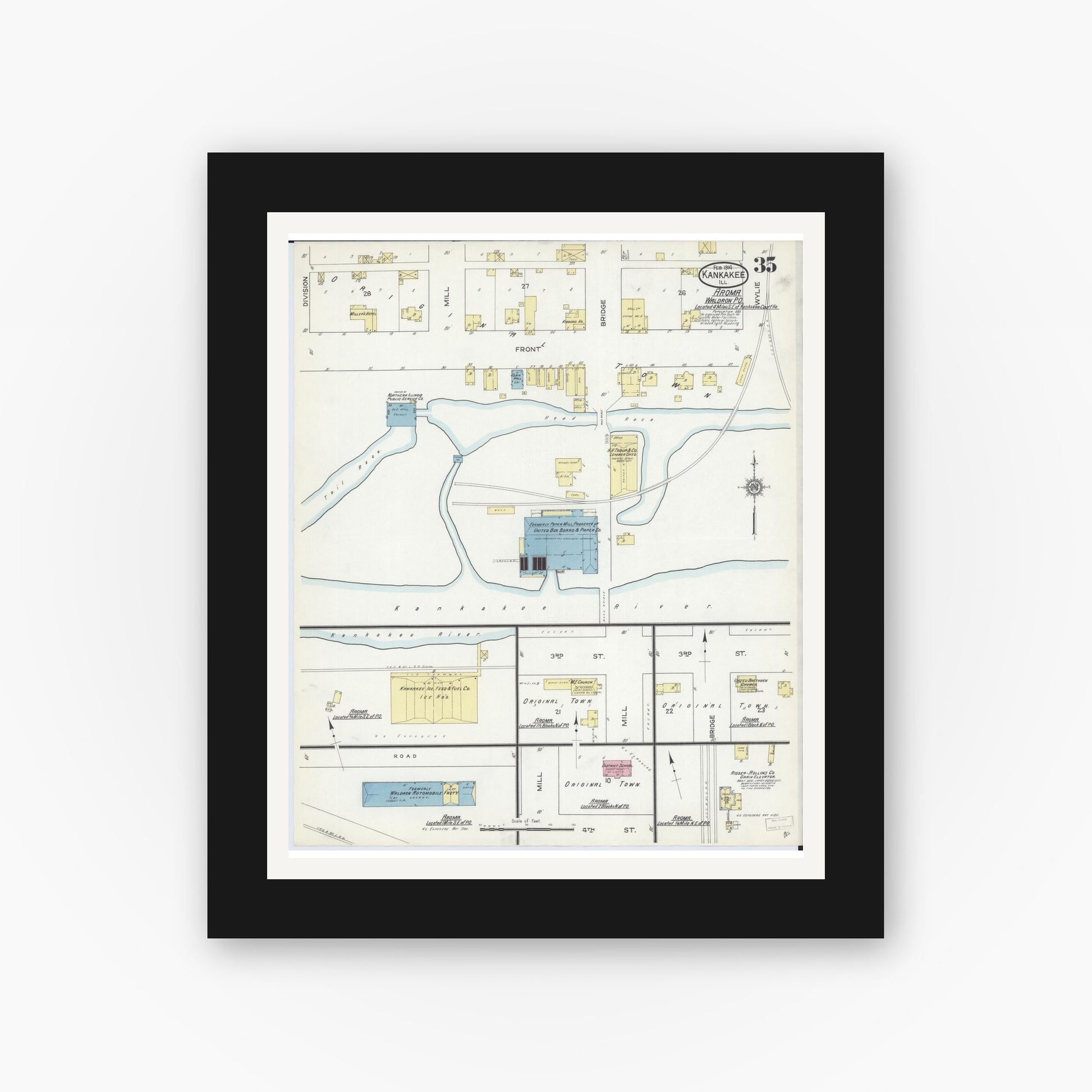 Old map wall art mockup — black gallery frame with white mat — Sanborn Fire Insurance Map from Kankakee, Kankakee County, Illinois (1914), Sheet #0035