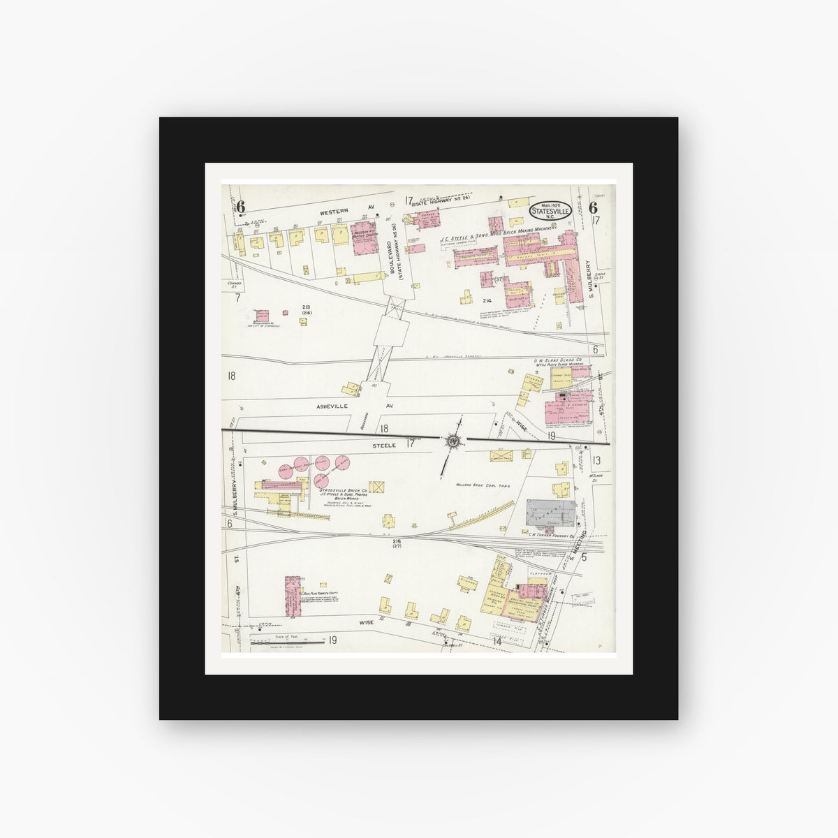 Old map wall art mockup — black gallery frame with white mat — Sanborn Fire Insurance Map from Statesville, Iredell County, North Carolina (1925), Sheet #0006