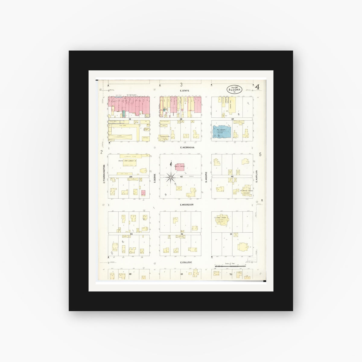Old map wall art mockup — black gallery frame with white mat — Sanborn Fire Insurance Map from Algona, Kossuth County, Iowa (1907), Sheet #0004