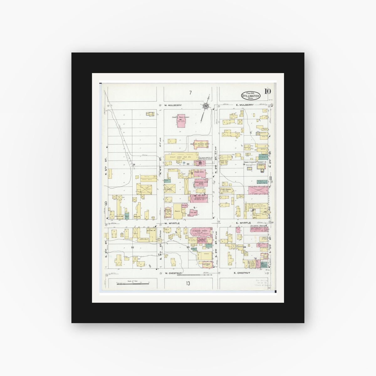Old map wall art mockup — black gallery frame with white mat — Sanborn Fire Insurance Map from Stillwater, Washington County, Minnesota (1910), Sheet #0010