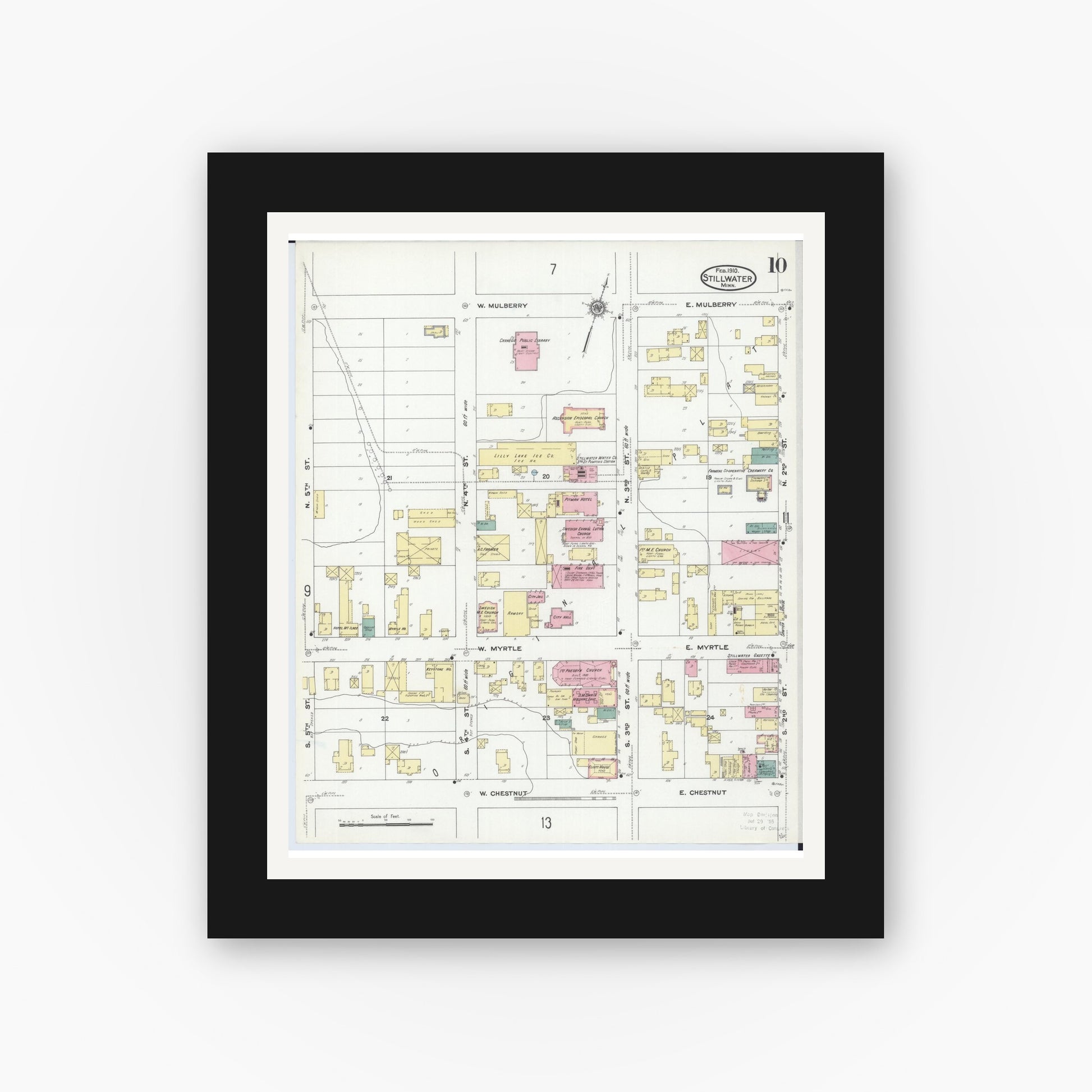 Old map wall art mockup — black gallery frame with white mat — Sanborn Fire Insurance Map from Stillwater, Washington County, Minnesota (1910), Sheet #0010