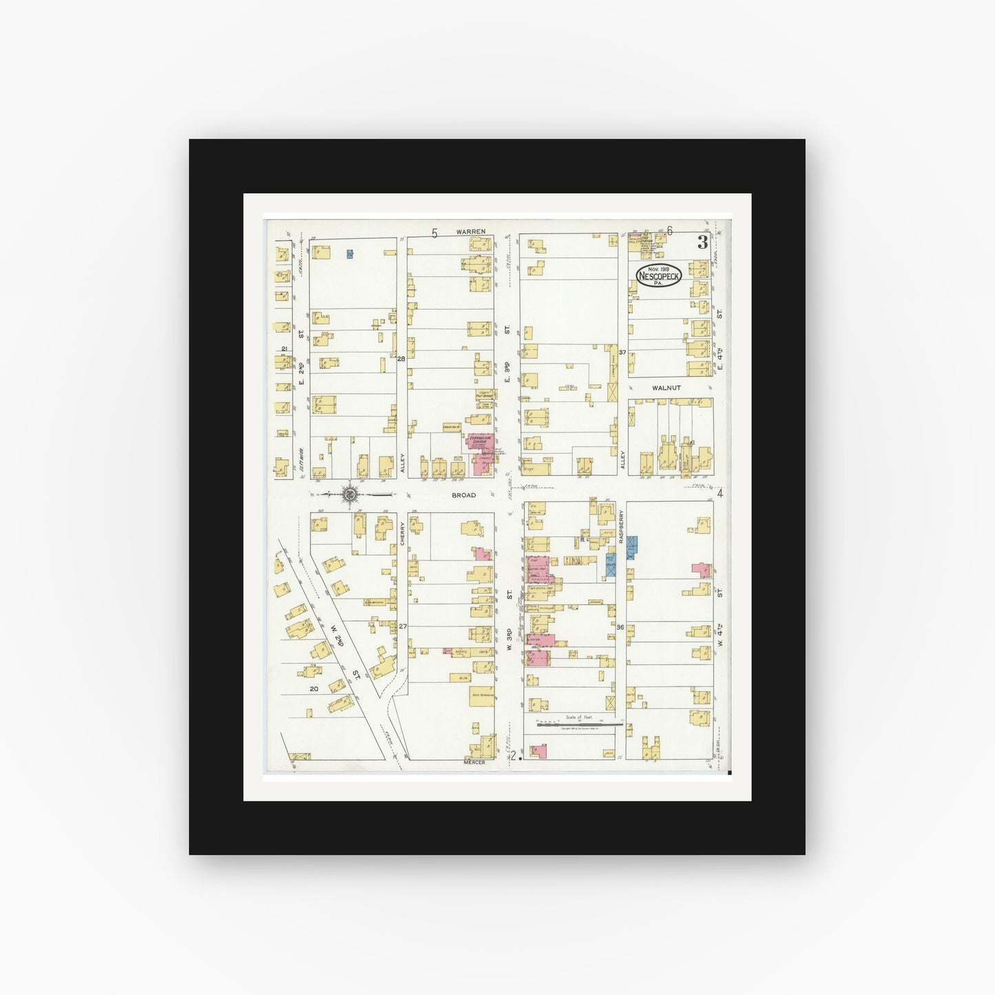 Old map wall art mockup — black gallery frame with white mat — Sanborn Fire Insurance Map from Nescopeck, Luzerne County, Pennsylvania (1919), Sheet #0003