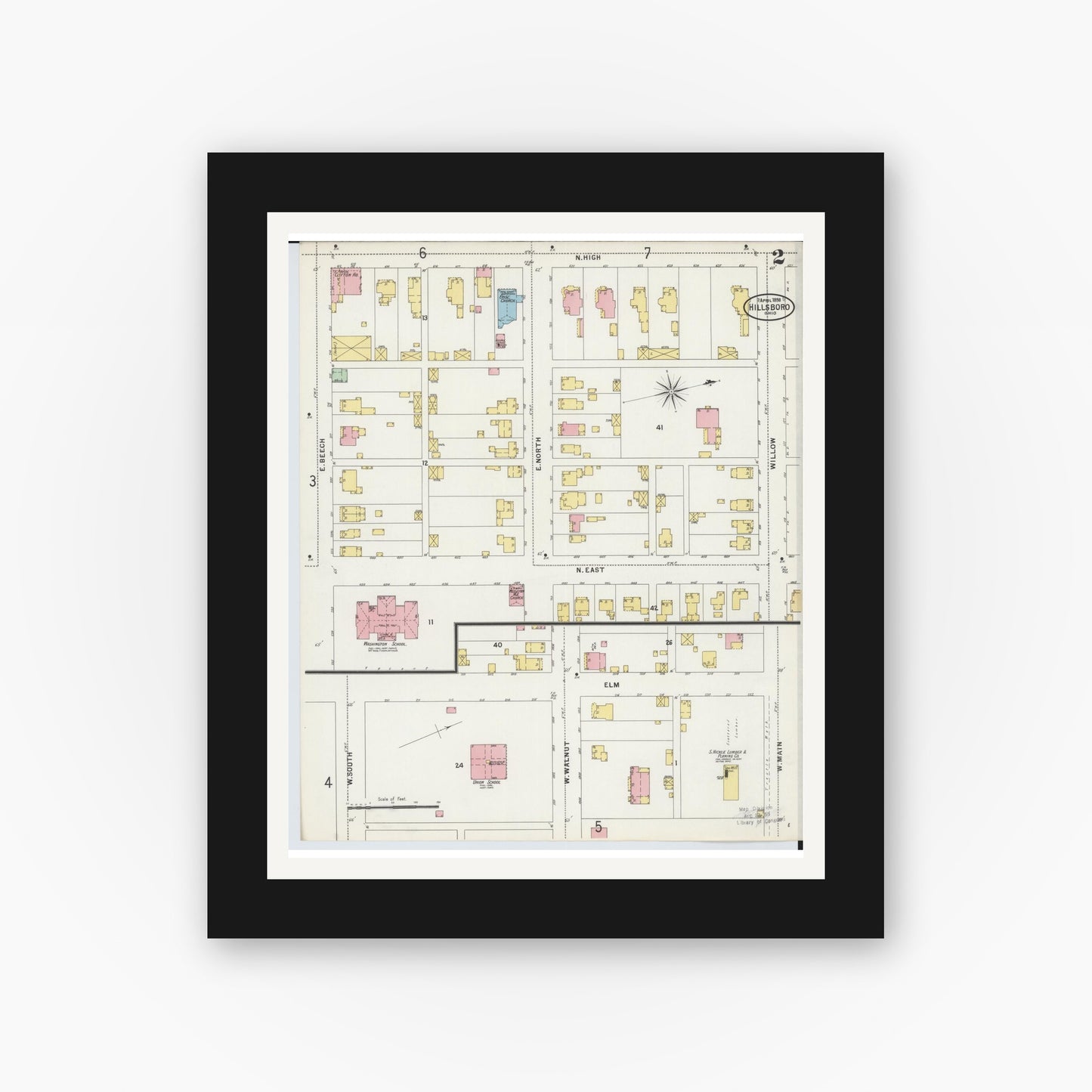 Old map wall art mockup — black gallery frame with white mat — Sanborn Fire Insurance Map from Hillsboro, Highland County, Ohio (1898), Sheet #0002