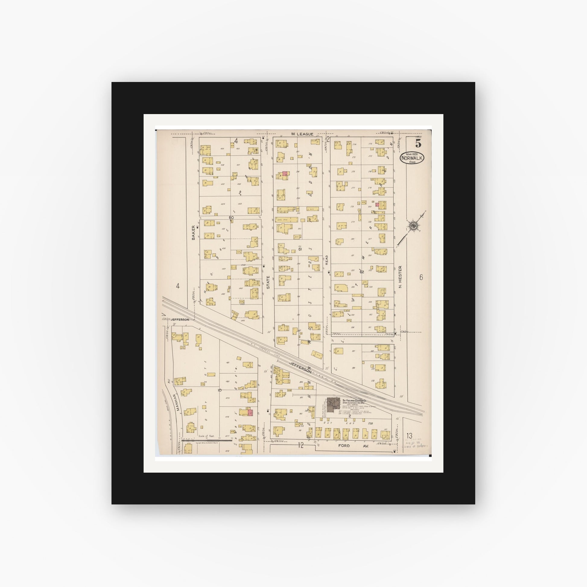 Old map wall art mockup — black gallery frame with white mat — Sanborn Fire Insurance Map from Norwalk, Huron County, Ohio (1922), Sheet #0005