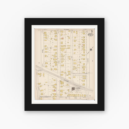 Old map wall art mockup — black gallery frame with white mat — Sanborn Fire Insurance Map from Norwalk, Huron County, Ohio (1922), Sheet #0005