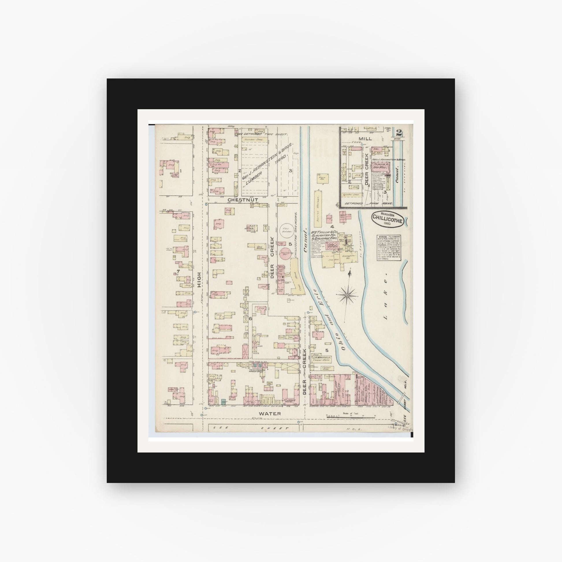 Old map wall art mockup — black gallery frame with white mat — Sanborn Fire Insurance Map from Chillicothe, Ross County, Ohio (1884), Sheet #0002