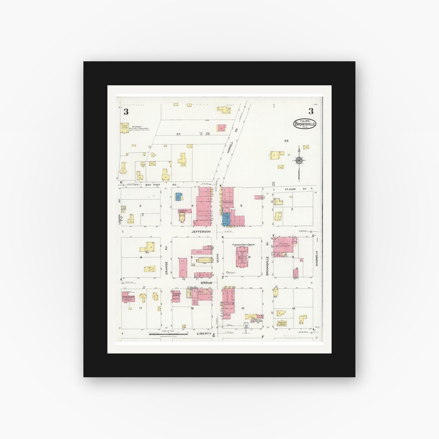 Old map wall art mockup — black gallery frame with white mat — Sanborn Fire Insurance Map from Brooksville, Hernando County, Florida (1924), Sheet #0003
