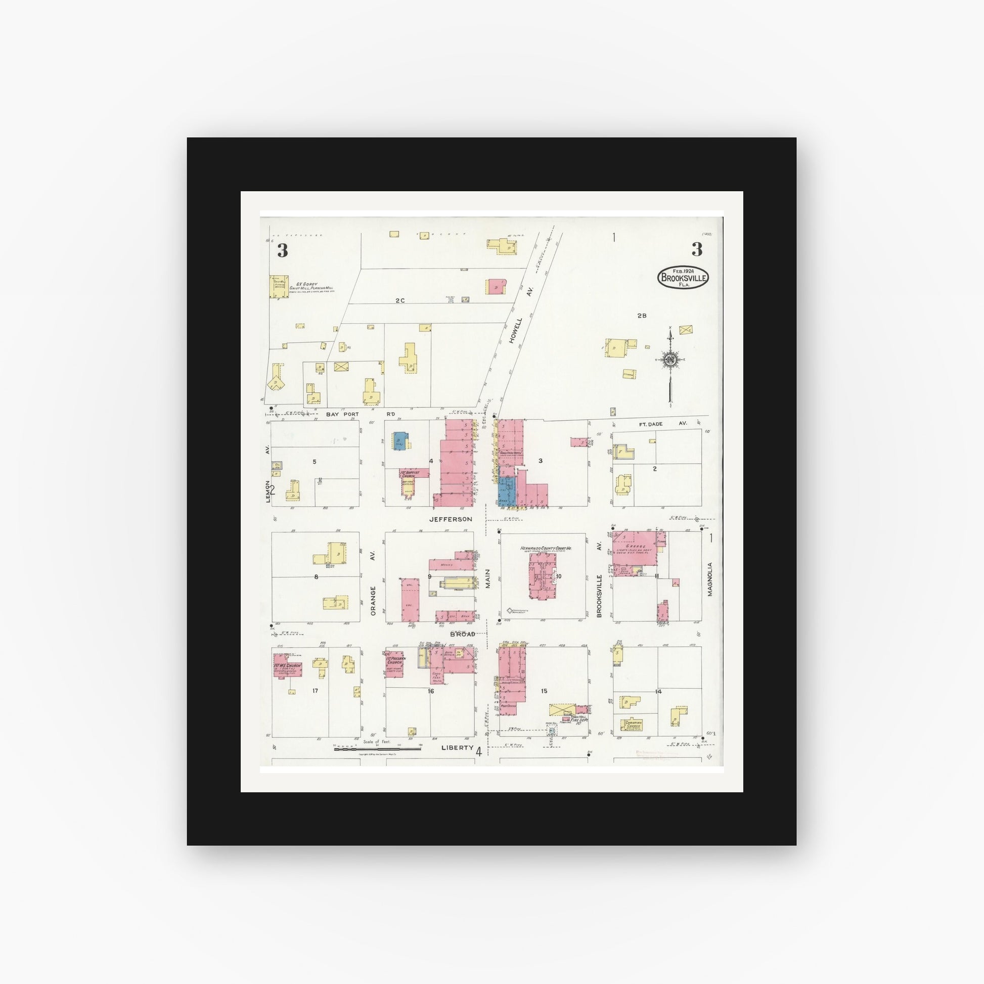 Old map wall art mockup — black gallery frame with white mat — Sanborn Fire Insurance Map from Brooksville, Hernando County, Florida (1924), Sheet #0003