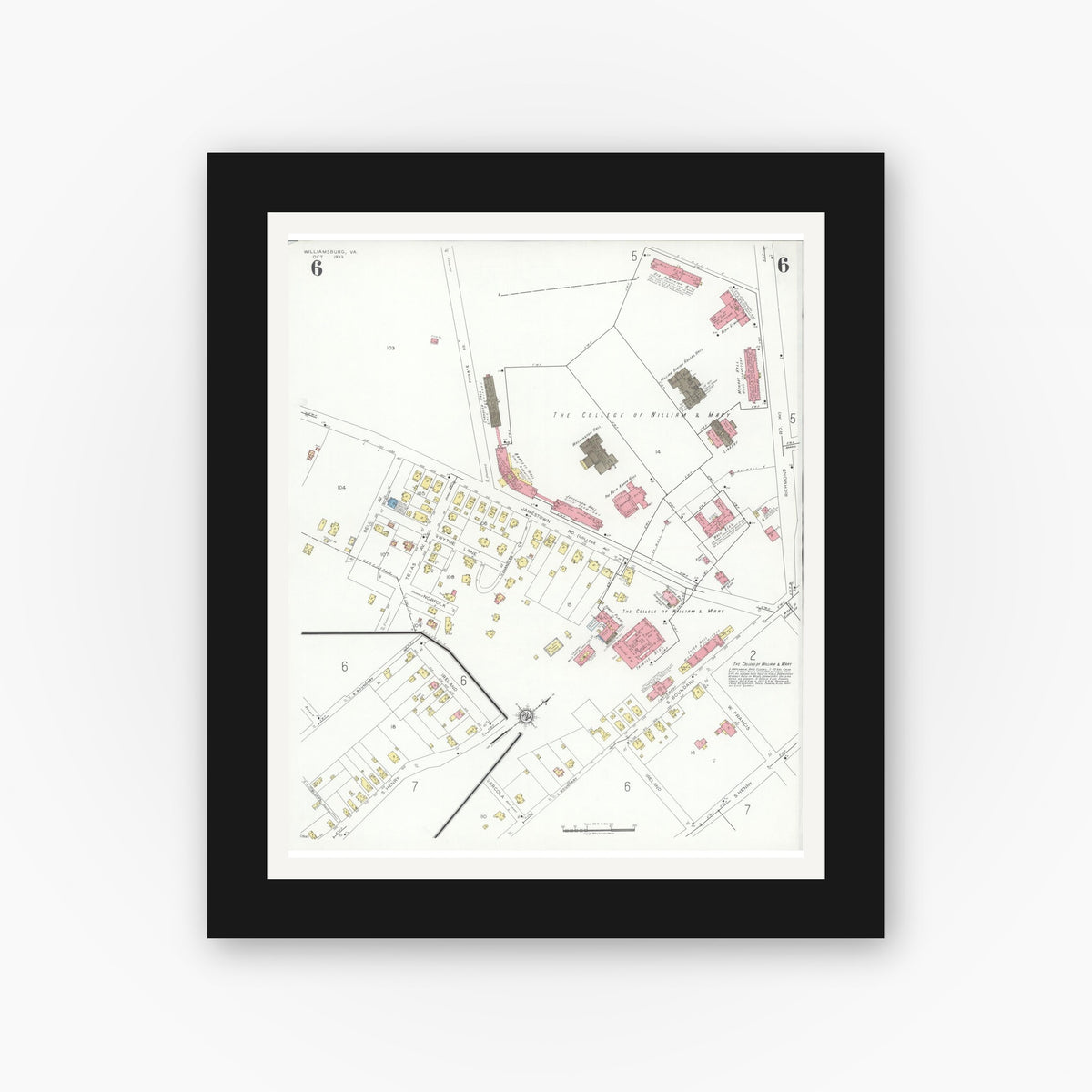 Old map wall art mockup — black gallery frame with white mat — Sanborn Fire Insurance Map from Williamsburg, Independent Cities, Virginia (1933), Sheet #0006