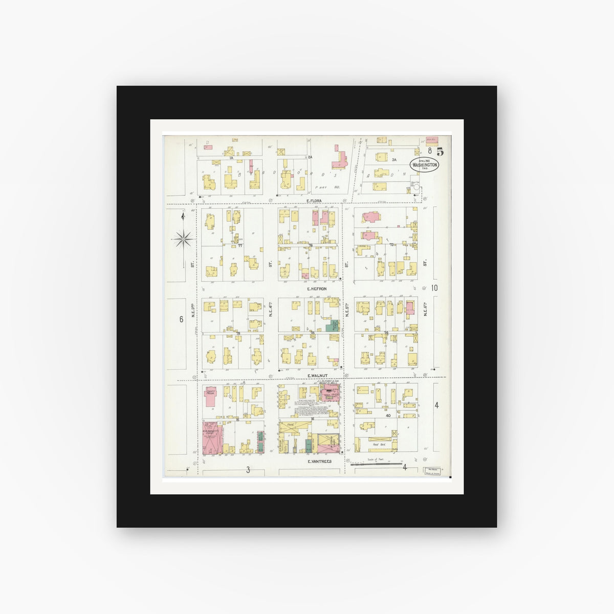 Old map wall art mockup — black gallery frame with white mat — Sanborn Fire Insurance Map from Washington, Daviess County, Indiana (1902), Sheet #0005