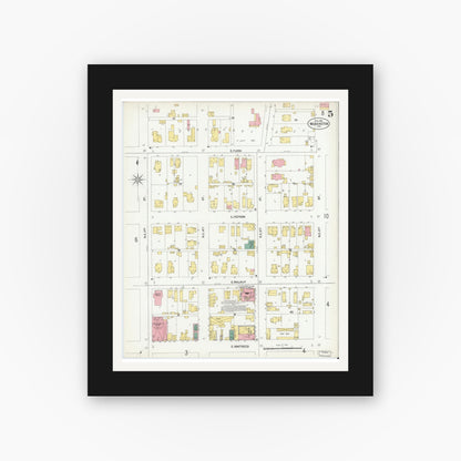 Old map wall art mockup — black gallery frame with white mat — Sanborn Fire Insurance Map from Washington, Daviess County, Indiana (1902), Sheet #0005