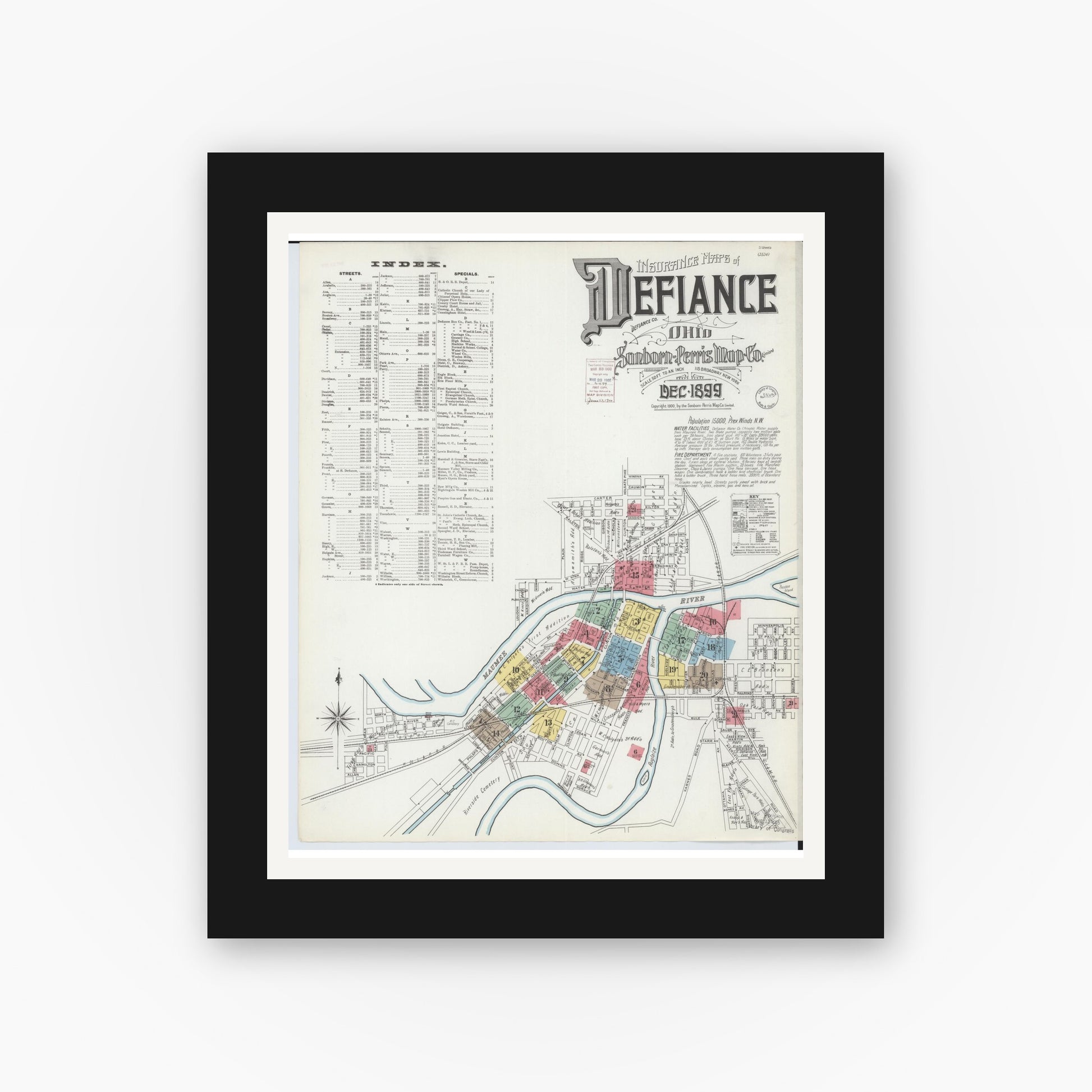 Old map wall art mockup — black gallery frame with white mat — Sanborn Fire Insurance Map from Defiance, Defiance County, Ohio (1899), Sheet #0001