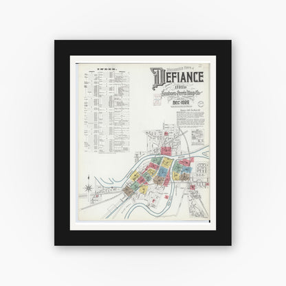 Old map wall art mockup — black gallery frame with white mat — Sanborn Fire Insurance Map from Defiance, Defiance County, Ohio (1899), Sheet #0001