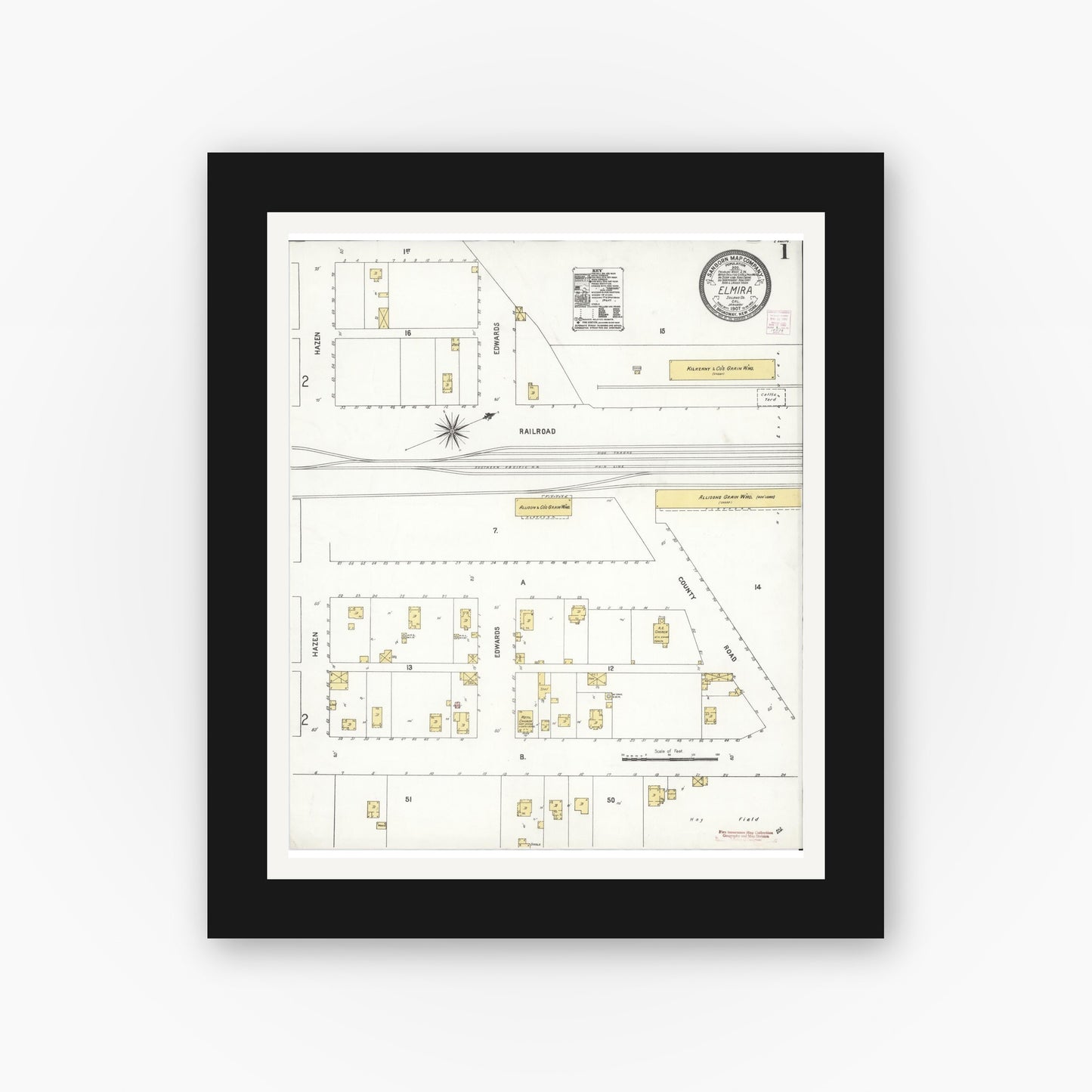 Old map wall art mockup — black gallery frame with white mat — Sanborn Fire Insurance Map from Elmira, Solano County, California (1907) - Complete Map Set