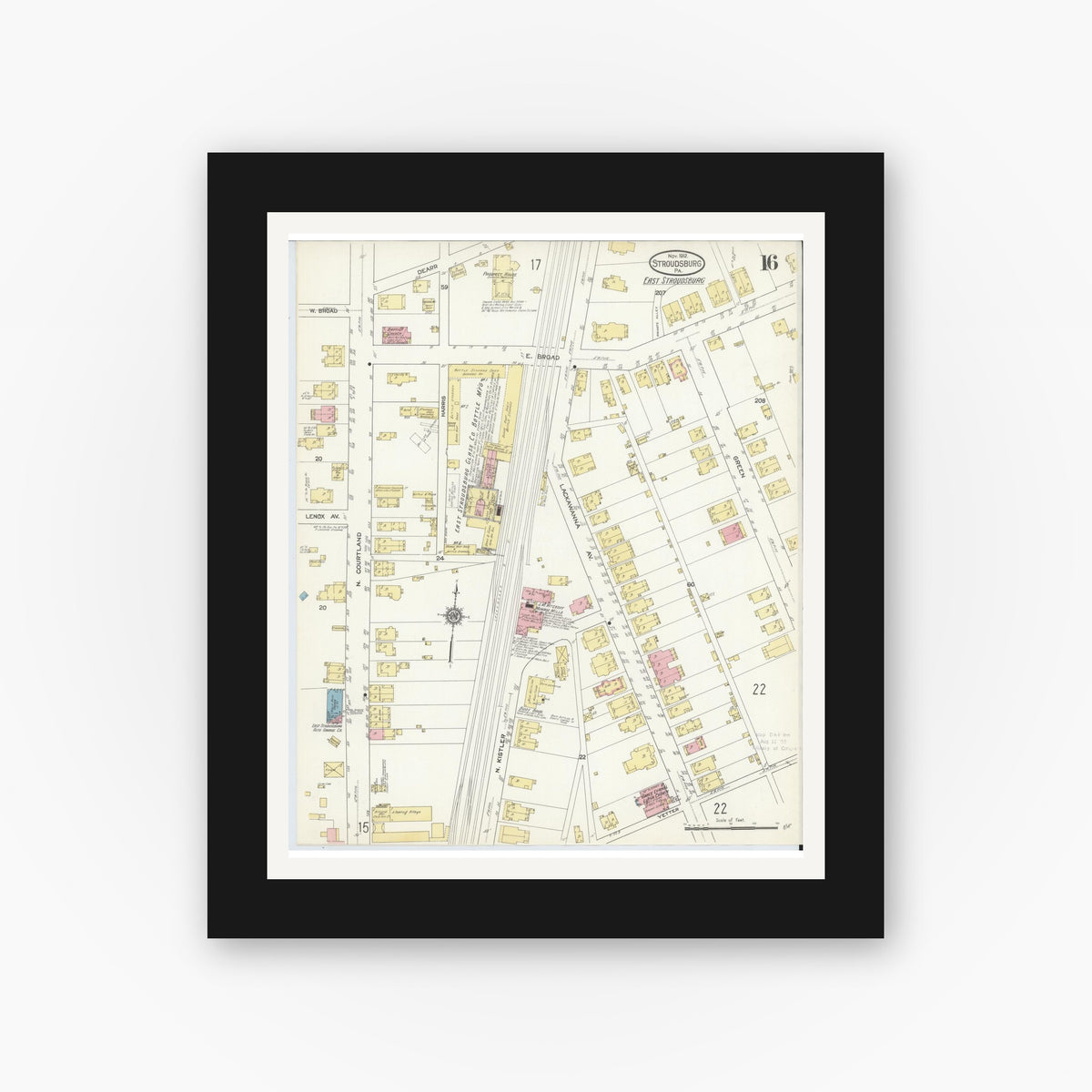 Old map wall art mockup — black gallery frame with white mat — Sanborn Fire Insurance Map from Stroudsburg, Monroe County, Pennsylvania (1912), Sheet #0016