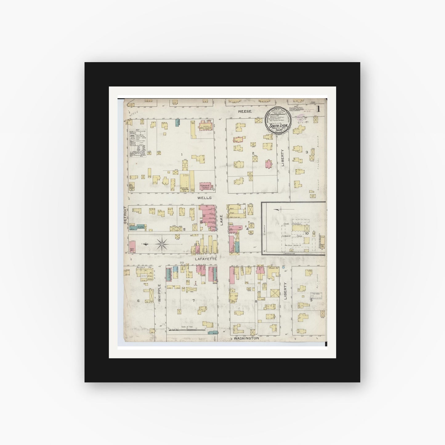 Old map wall art mockup — black gallery frame with white mat — Sanborn Fire Insurance Map from South Lyon, Oakland County, Michigan (1893) - Complete Map Set
