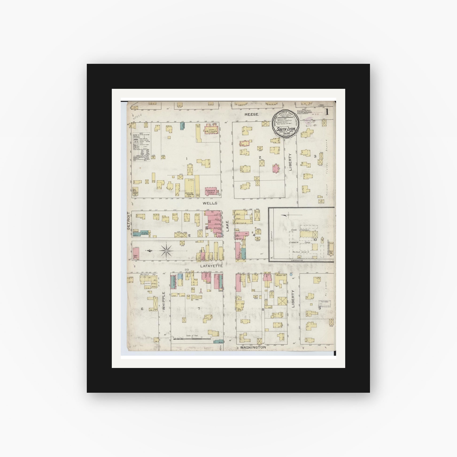 Old map wall art mockup — black gallery frame with white mat — Sanborn Fire Insurance Map from South Lyon, Oakland County, Michigan (1893) - Complete Map Set