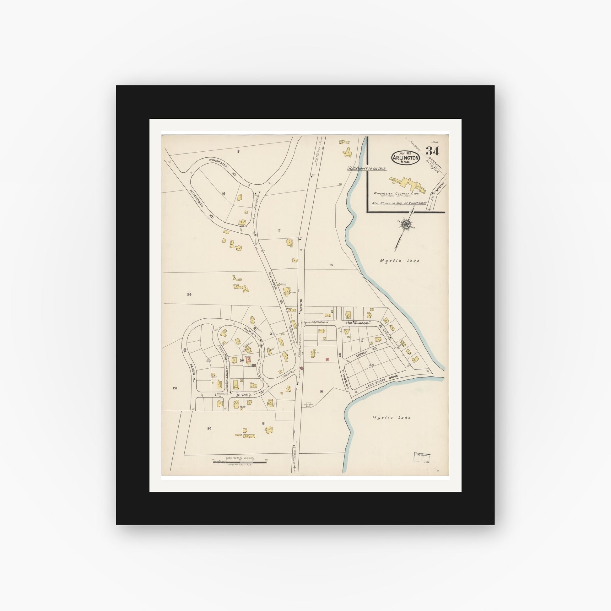 Old map wall art mockup — black gallery frame with white mat — Sanborn Fire Insurance Map from Arlington, Middlesex County, Massachusetts (1922), Sheet #0034