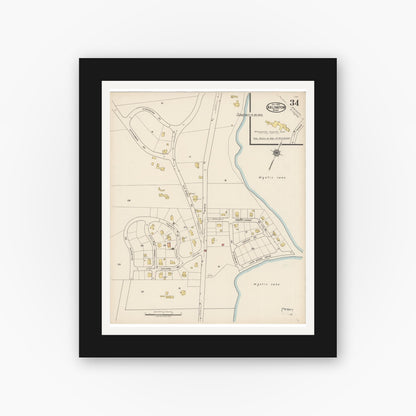 Old map wall art mockup — black gallery frame with white mat — Sanborn Fire Insurance Map from Arlington, Middlesex County, Massachusetts (1922), Sheet #0034