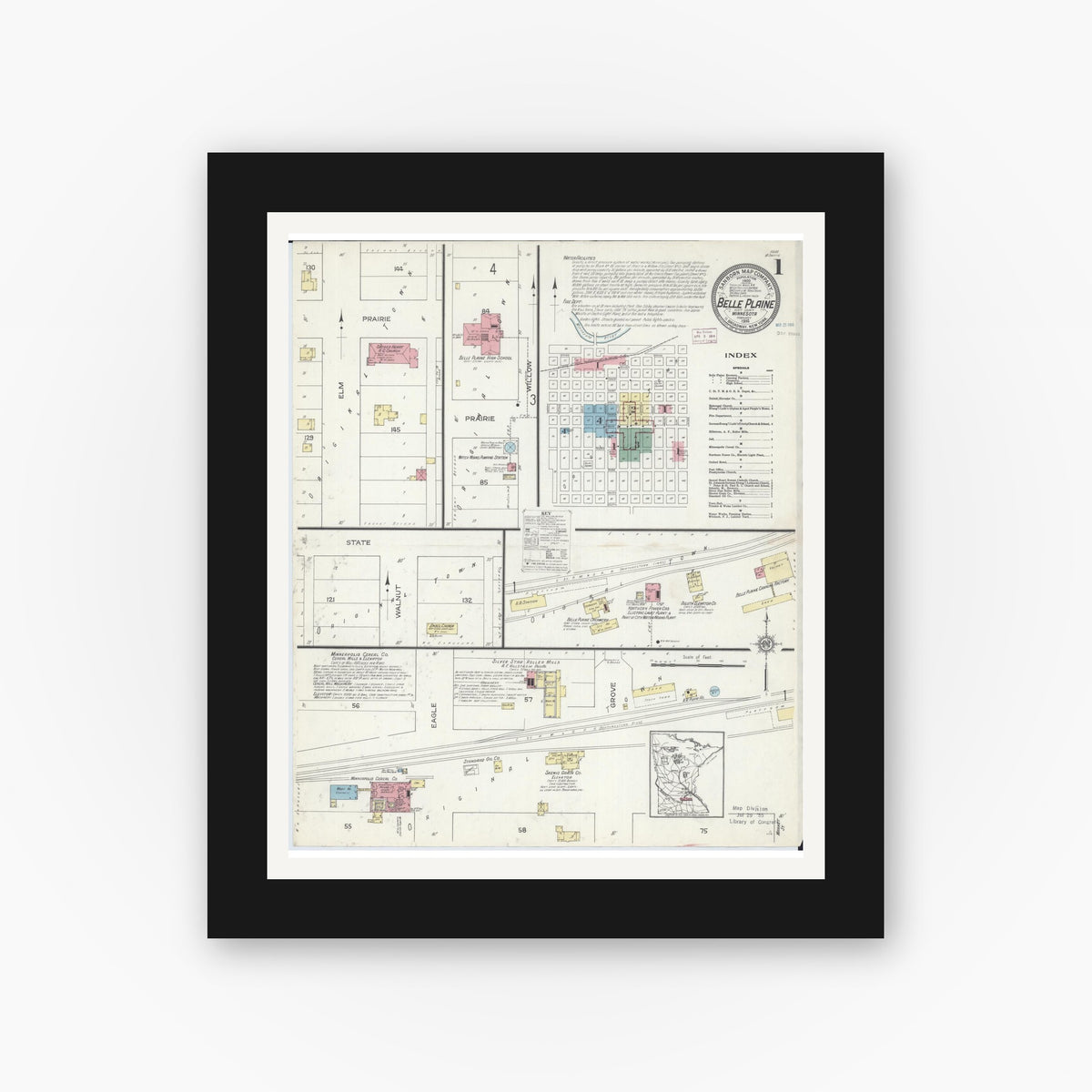 Old map wall art mockup — black gallery frame with white mat — Sanborn Fire Insurance Map from Belle Plaine, Scott County, Minnesota (1914), Sheet #0001