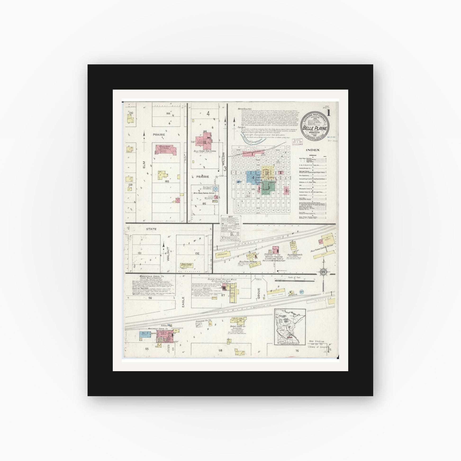 Old map wall art mockup — black gallery frame with white mat — Sanborn Fire Insurance Map from Belle Plaine, Scott County, Minnesota (1914), Sheet #0001