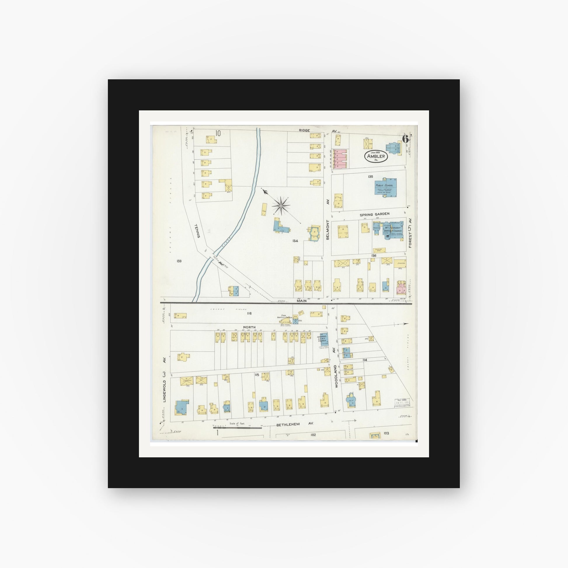 Old map wall art mockup — black gallery frame with white mat — Sanborn Fire Insurance Map from Ambler, Montgomery County, Pennsylvania (1909), Sheet #0006