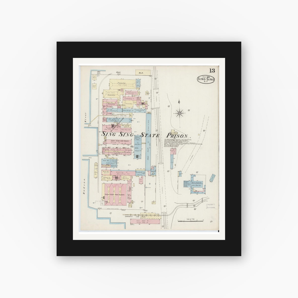 Old map wall art mockup — black gallery frame with white mat — Sanborn Fire Insurance Map from Sing Sing, Westchester County, New York (1886), Sheet #0013